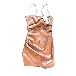 Zara XS Rose Gold open mid Spaghetti Strap Mini Bodycon Dress NWT